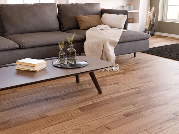 Brown sofa and coffee table on oak wood floors