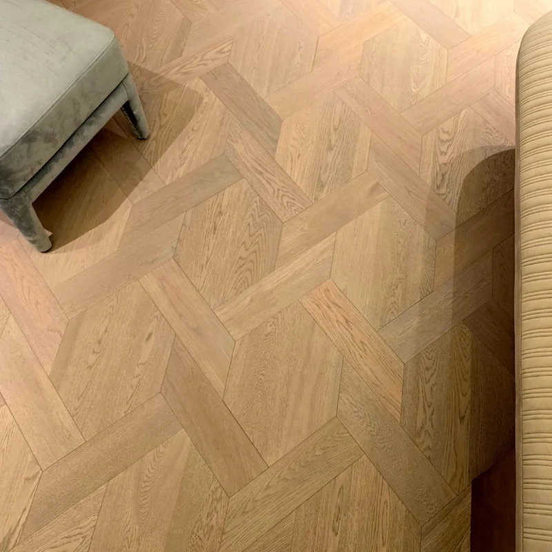 Close-up of a complex Mansion Weave pattern in light oak.