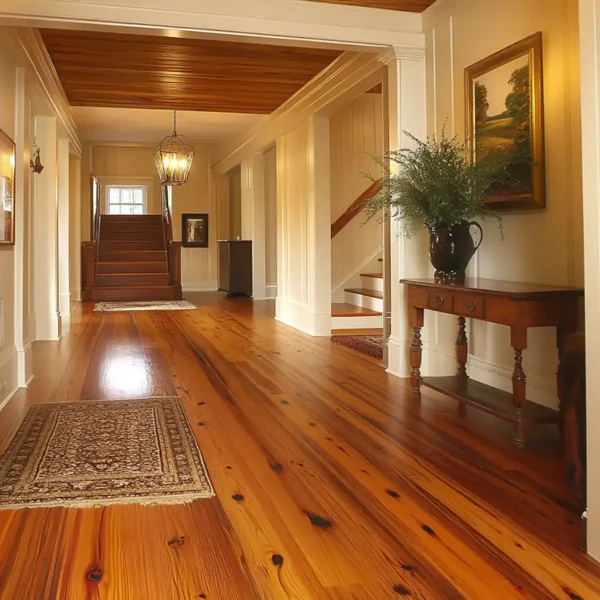 Warm-toned pine wood flooring with visible knots in a long, sunlit hallway.