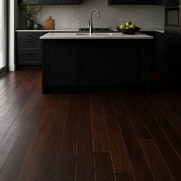 dark mahogany wood flooring in a modern kitchen with a black island.